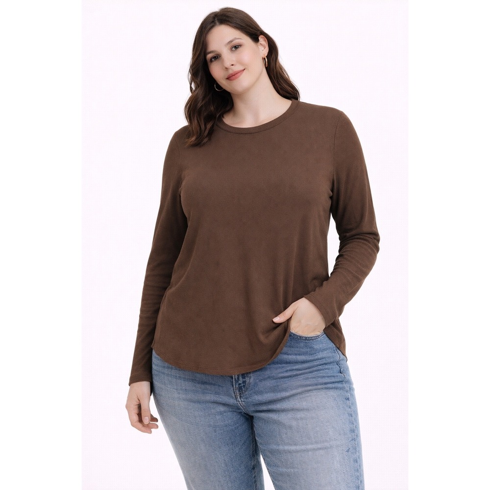No Boundaries Ribbed Top Womens M Brown Long Sleeve Curved Hem Earthy Basic